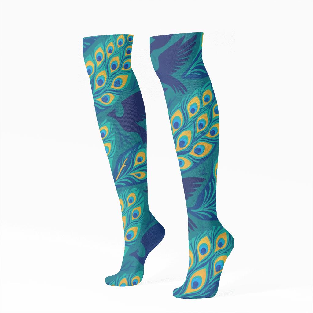 Peacock Plume Wave On Teal Ground soft everyday knee-high socks