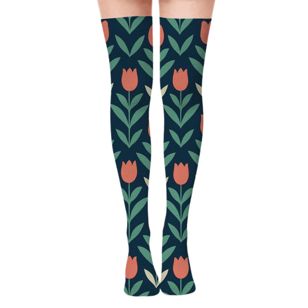 Tulip Chevron Wave On Navy Blue Background soft everyday over-the-knee socks