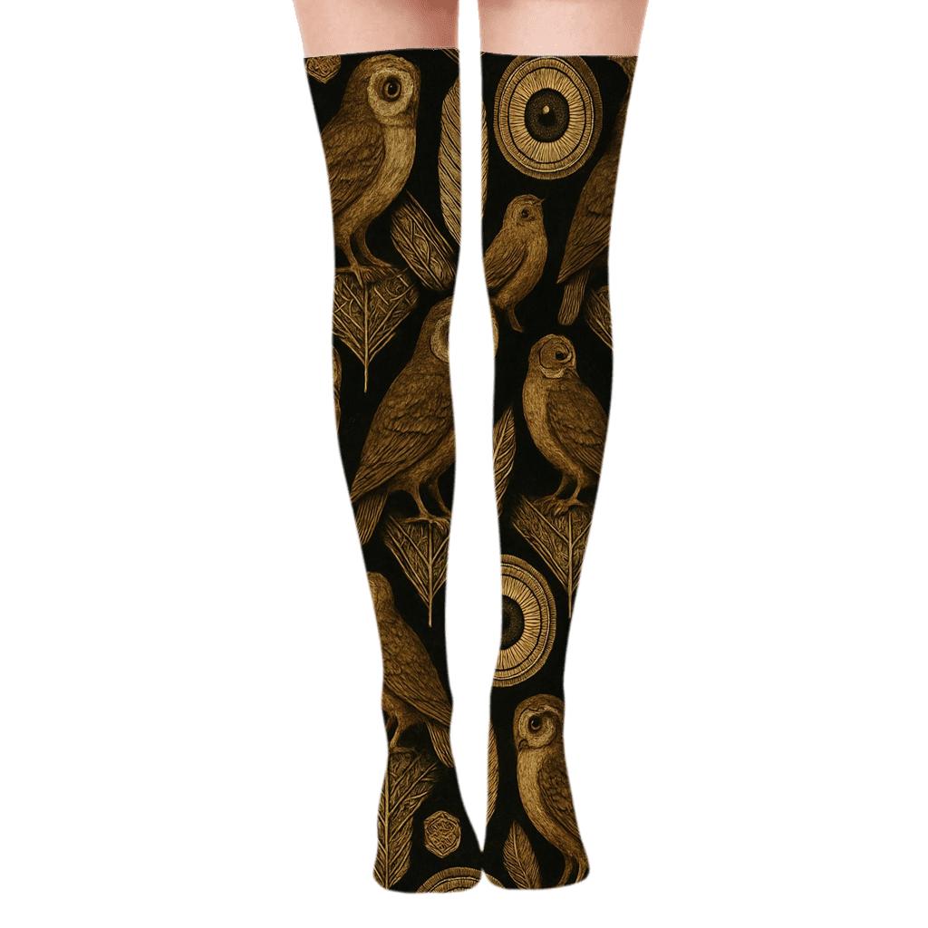 Owl Eye Concentric Lattice On Midnight trendy patterned over-the-knee socks