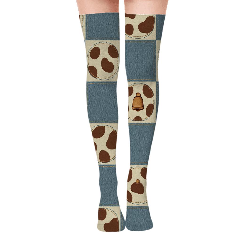 Patchwork Cowbell Grid premium cozy over-the-knee socks