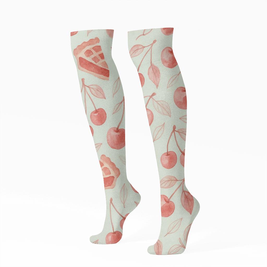Watercolored Cherry Dessert Scatter On Mint comfortable cotton knee-high socks