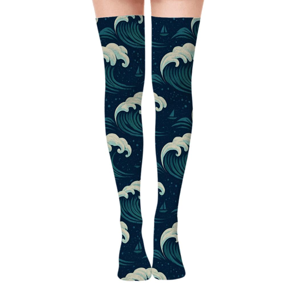 Crested Wave Grid premium cozy over-the-knee socks