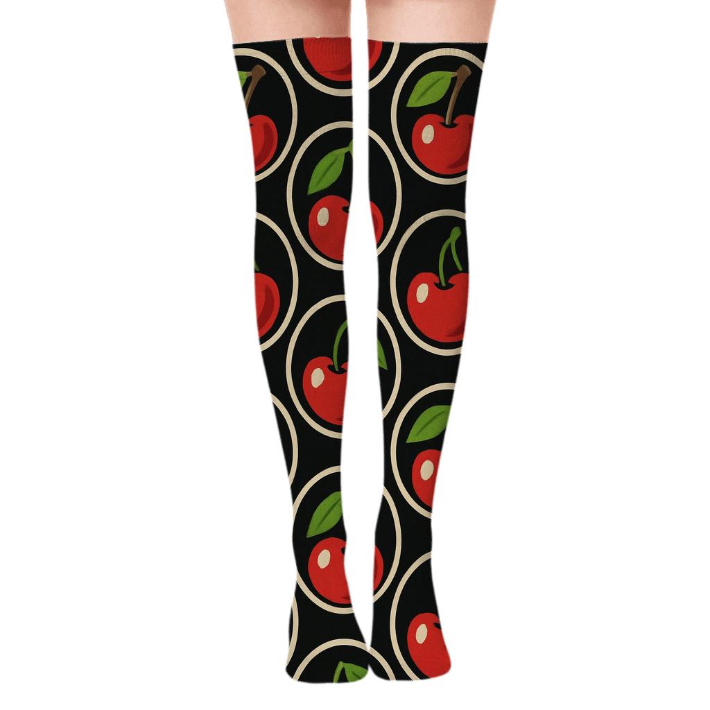 Bold Cartoon Single Cherry Spotlight On Black unique graphic over-the-knee socks