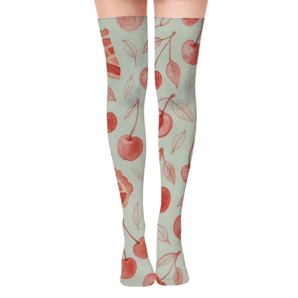 Watercolored Cherry Dessert Scatter On Mint comfortable cotton over-the-knee socks