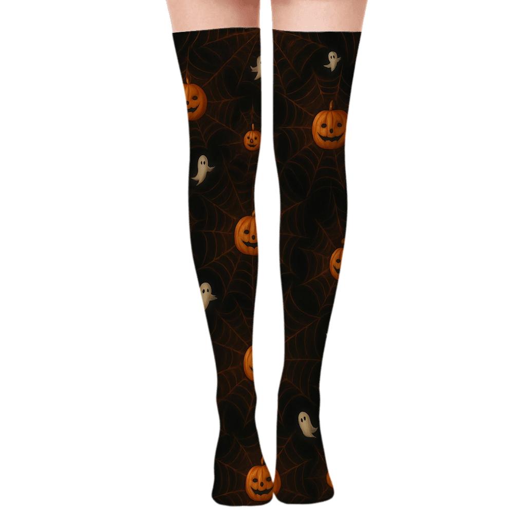 Spider Web Overlay With Pumpkin Motif On Black Background comfortable cotton over-the-knee socks