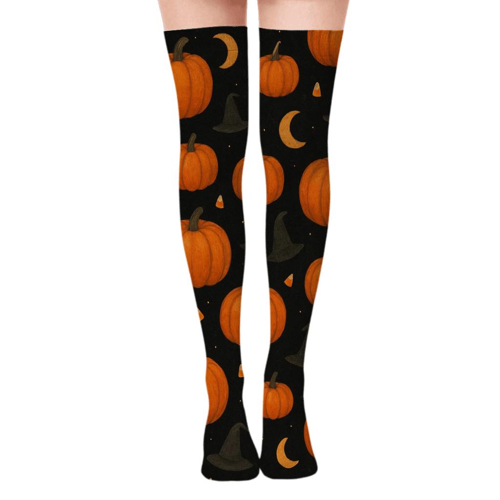 Pumpkin Patch Scattered Field On Black Background comfortable cotton over-the-knee socks