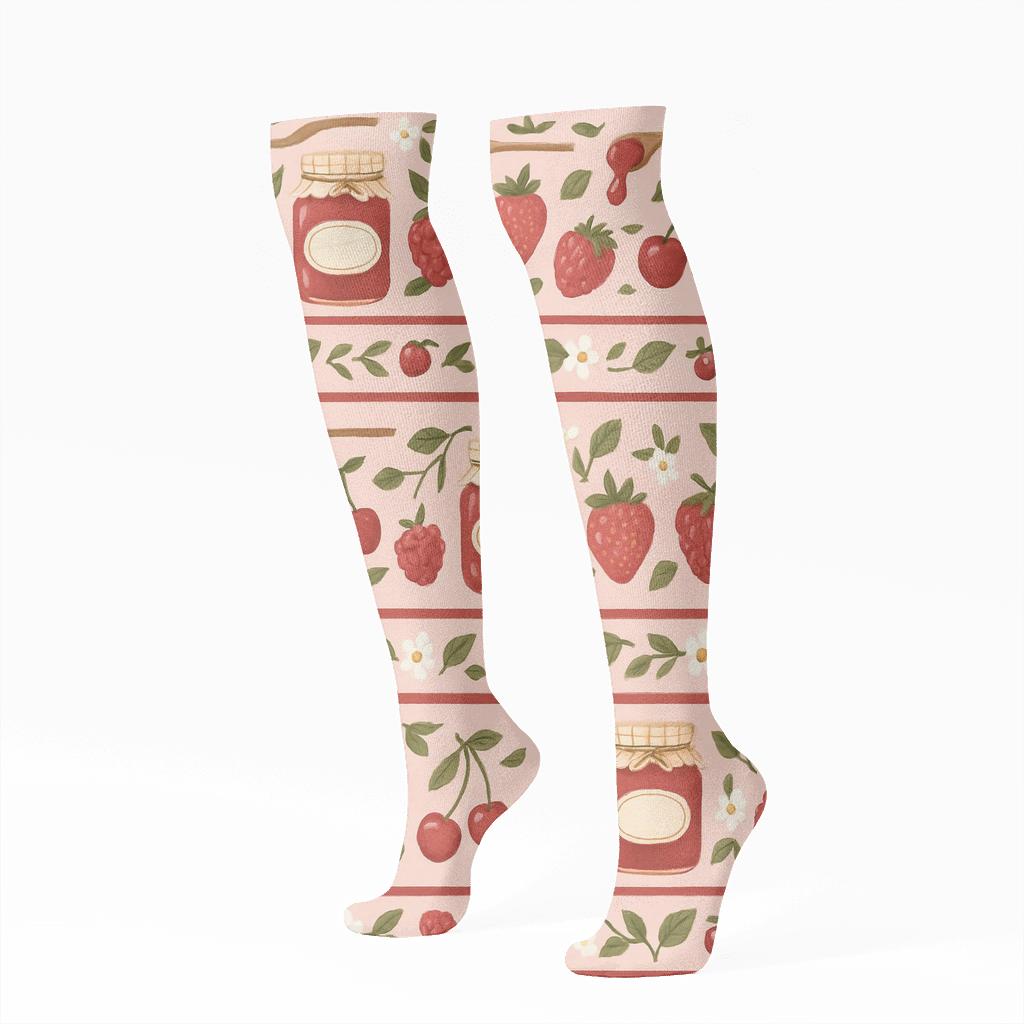 Strawberry Jam Jar Bands On Soft Pink comfortable cotton knee-high socks