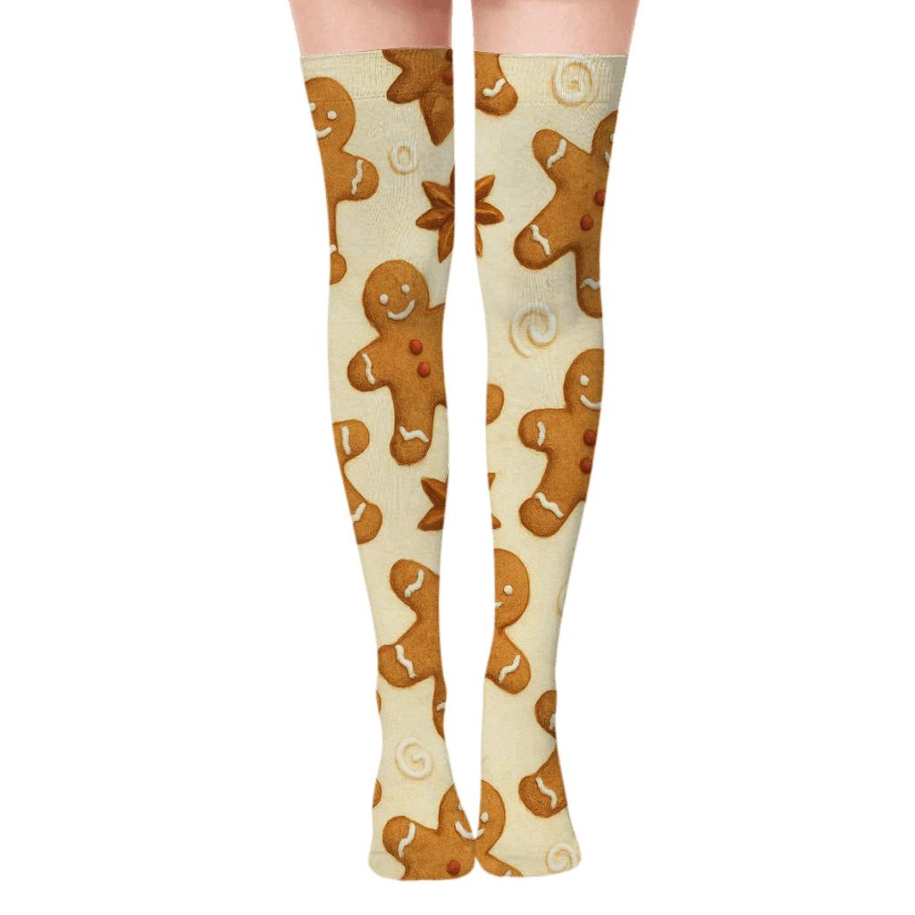 Gingerbread Man Xmas Lattice designer print over-the-knee socks