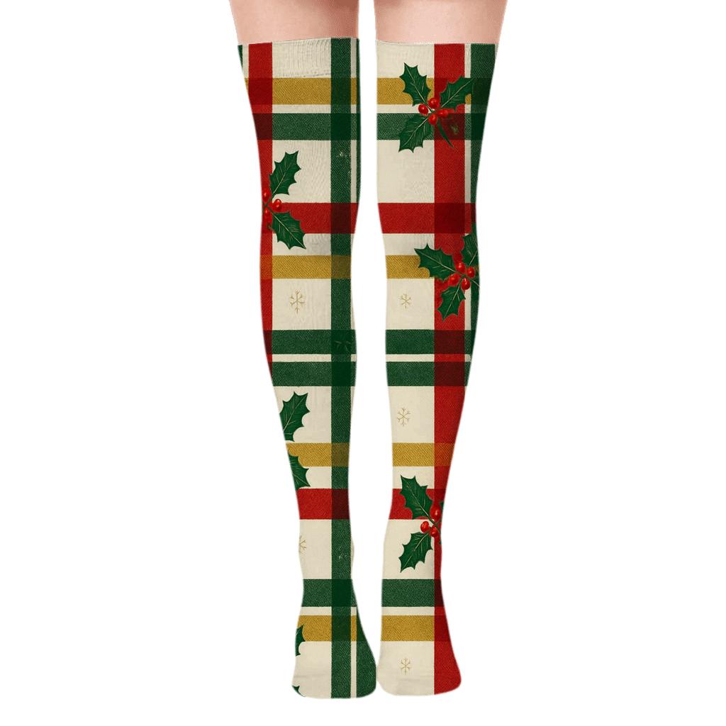 Festive Plaid Xmas Patch premium cozy over-the-knee socks