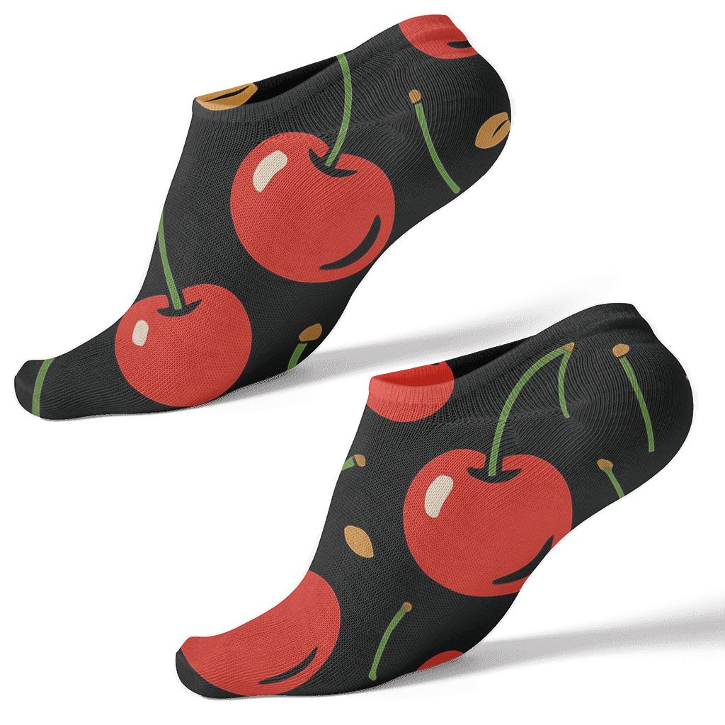 Bold Cartoon Cherry Scatter On Black custom ankle socks