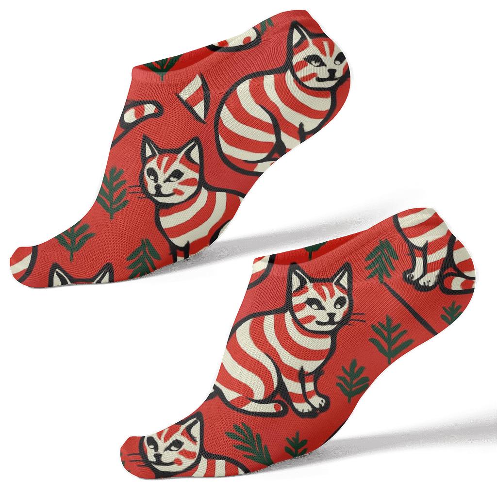 Candy Cane Cat Chevron On Red Background soft everyday ankle socks