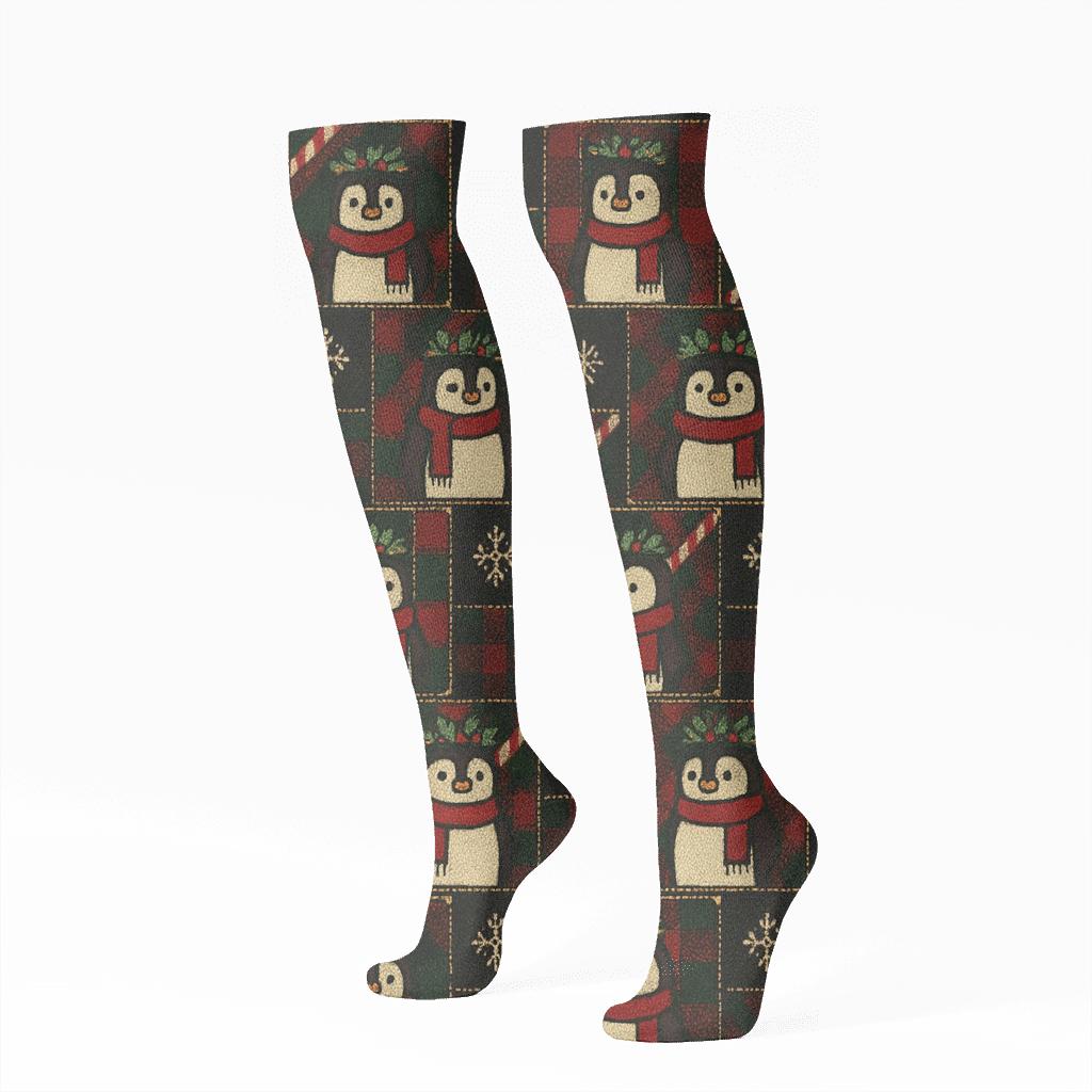 Festive Penguin Tartan Tile designer print knee-high socks