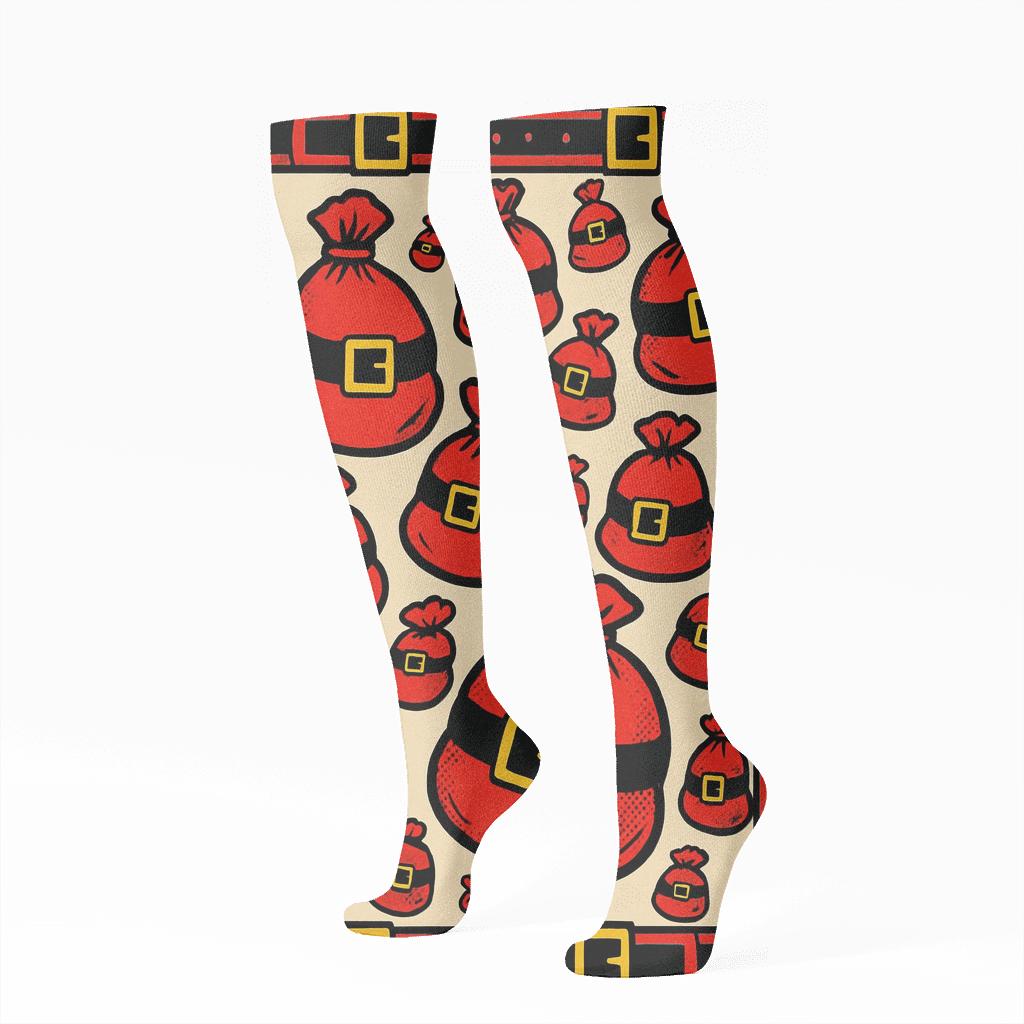 Santa Sack Scatter With Belt Border designer print knee-high socks