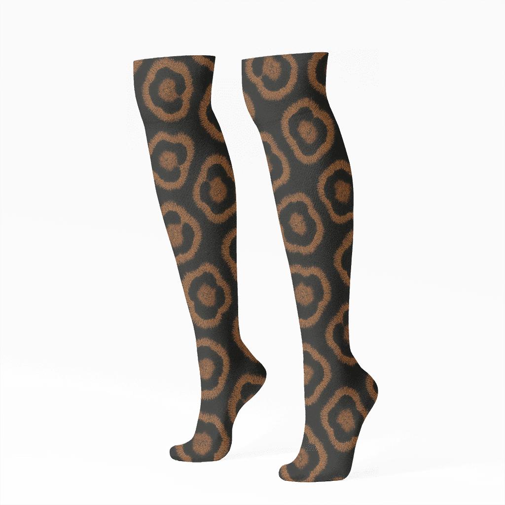 Tawny Rosette Grid On Black Background comfortable cotton knee-high socks