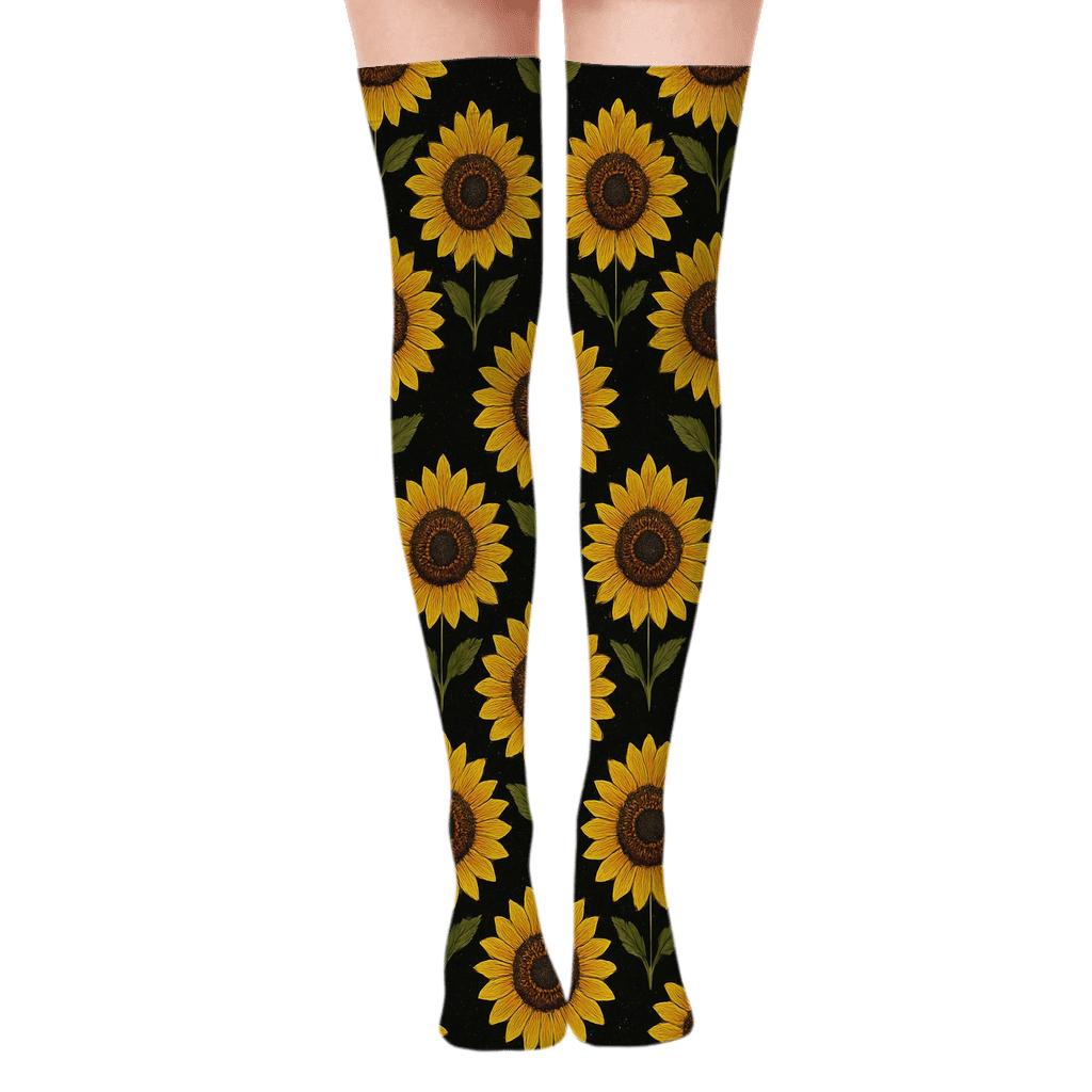 Sunflower Chevron On Black Background premium cozy over-the-knee socks