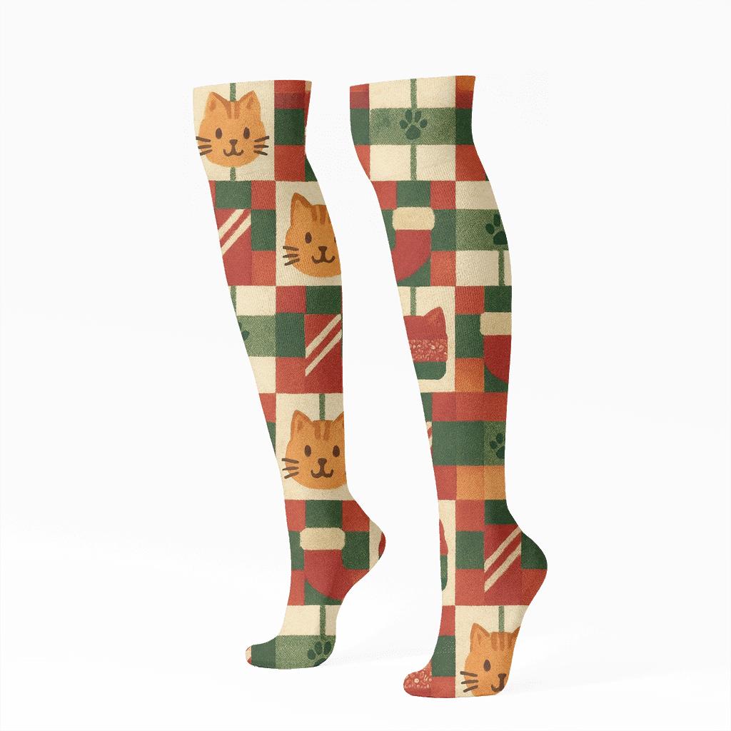 Ginger Cat Plaid Band designer print knee-high socks