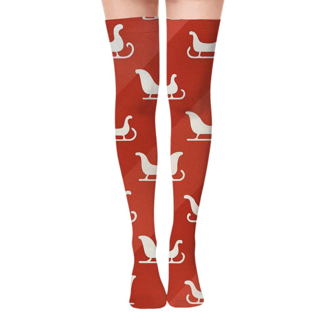 Sleigh Silhouette Santa Pattern designer print over-the-knee socks