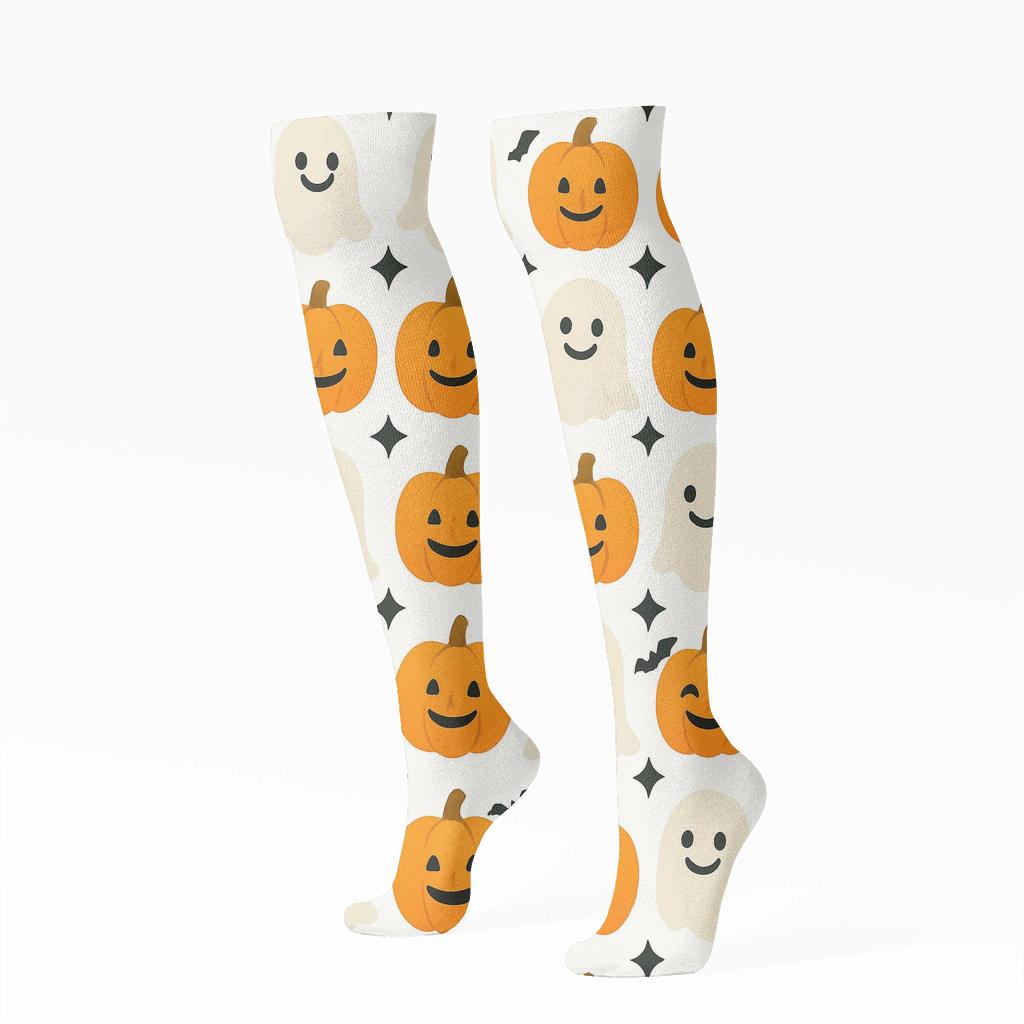 Ghost And Pumpkin Alternating Grid On White Background premium sports knee-high socks
