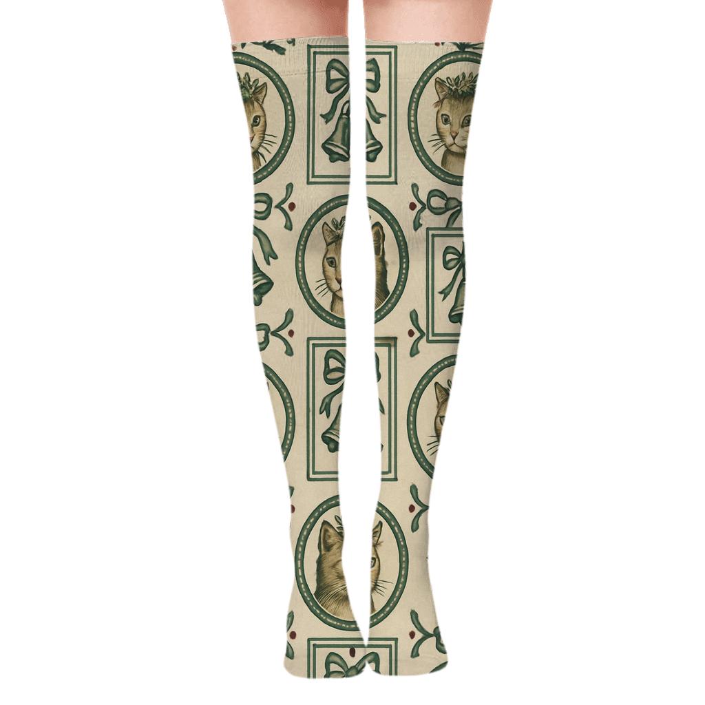 Mistletoe Cat Concertina unique graphic over-the-knee socks