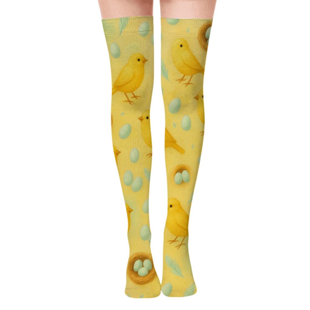 Playful Canary Egg Scatter On Pastel Blend Background unique graphic over-the-knee socks