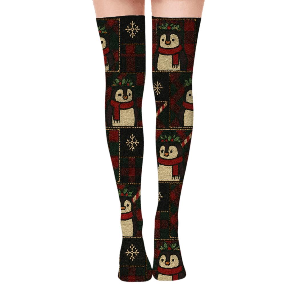 Festive Penguin Tartan Tile custom over-the-knee socks