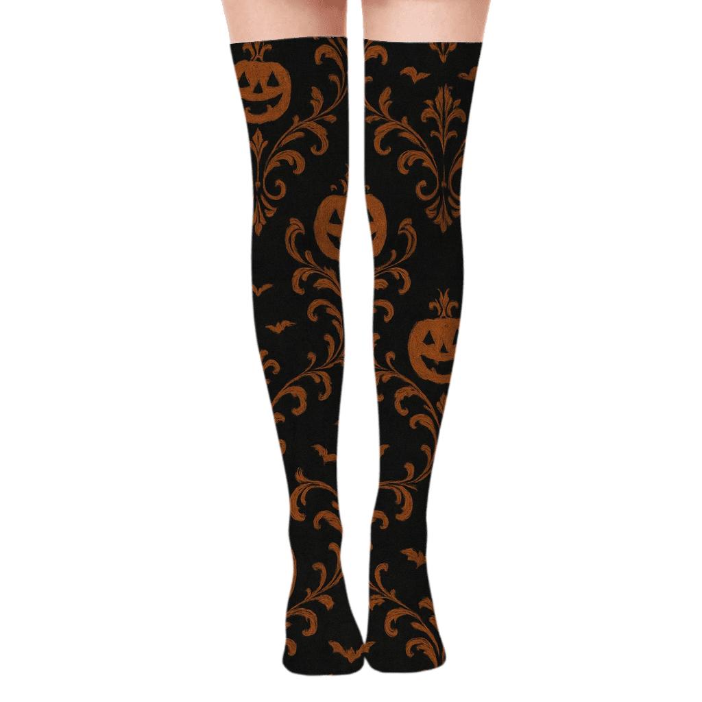 Jack O Lantern Damask On Black Background personalized over-the-knee socks