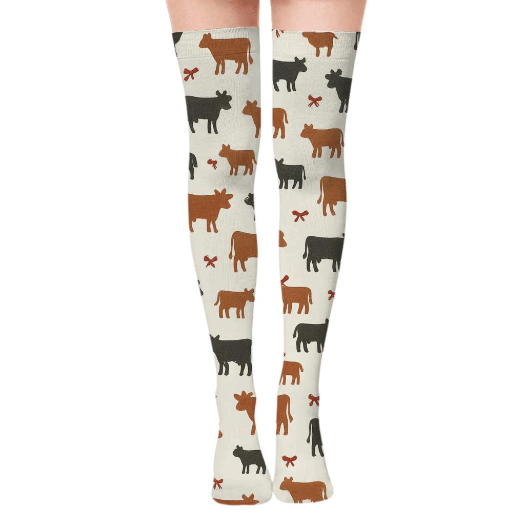 Playful Grazing Cow Silhouette Scatter personalized over-the-knee socks