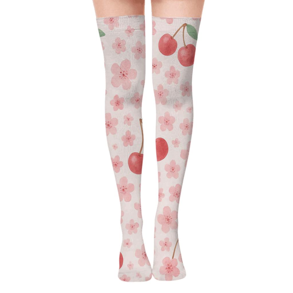 Playful Cherry Blossom Scatter On Pale Pink stylish fashion over-the-knee socks