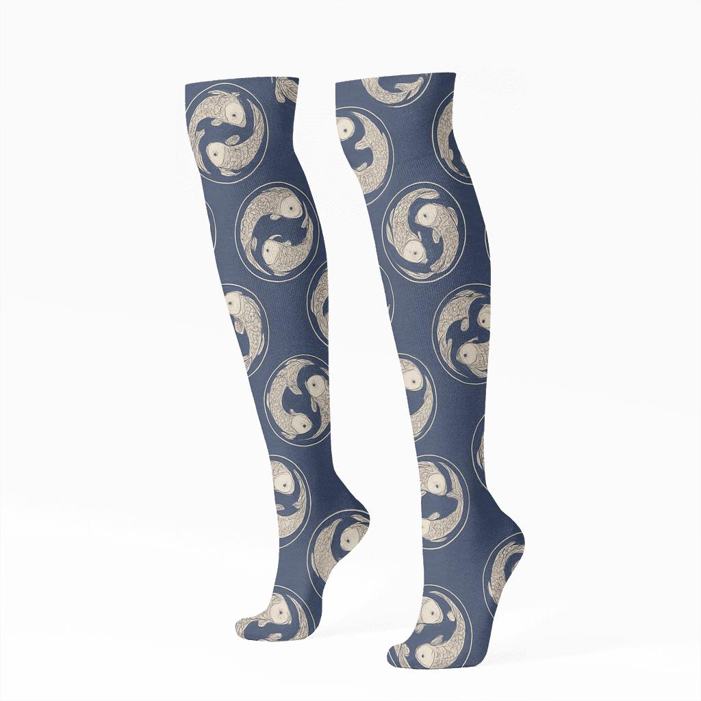 Dual Koi Circle Progression On Deep Indigo premium sports knee-high socks