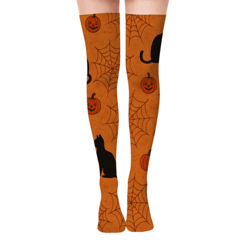Spider Web Pumpkin Scatter On Orange Background designer print over-the-knee socks