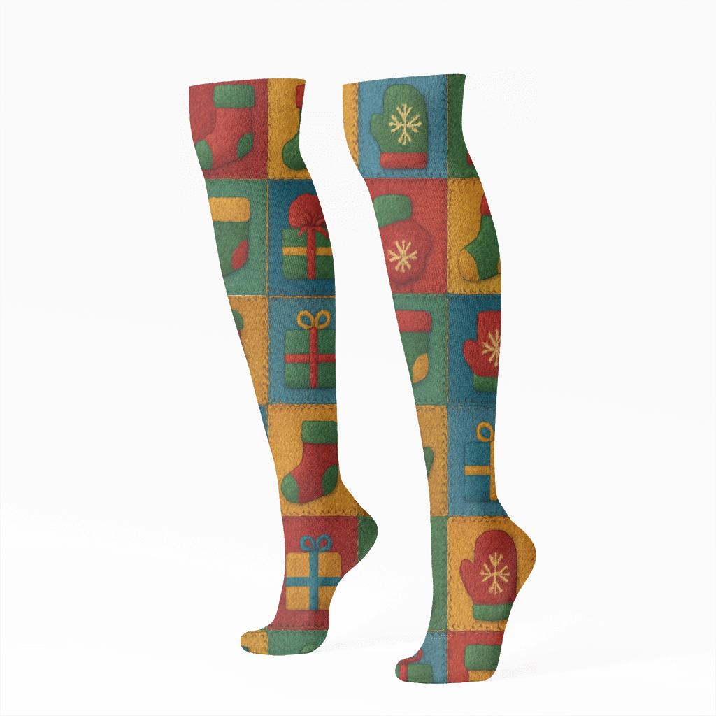 Holiday Stocking Patchwork Holiday designer print knee-high socks