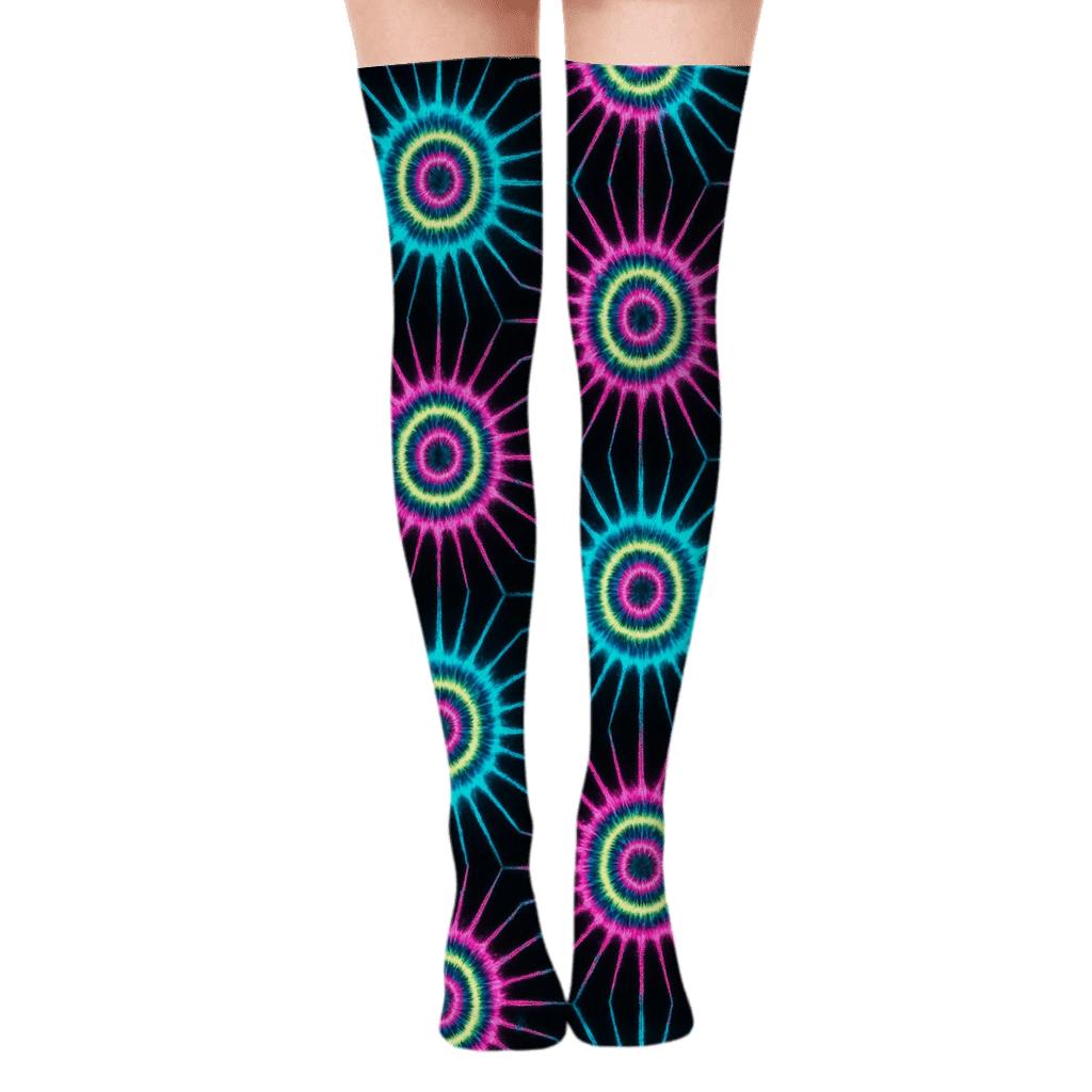 Neon Starburst Bullseye Tessellation unique graphic over-the-knee socks