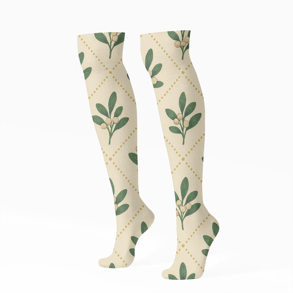 Xmas Mistletoe Lattice With Gold Dots personalized knee-high socks