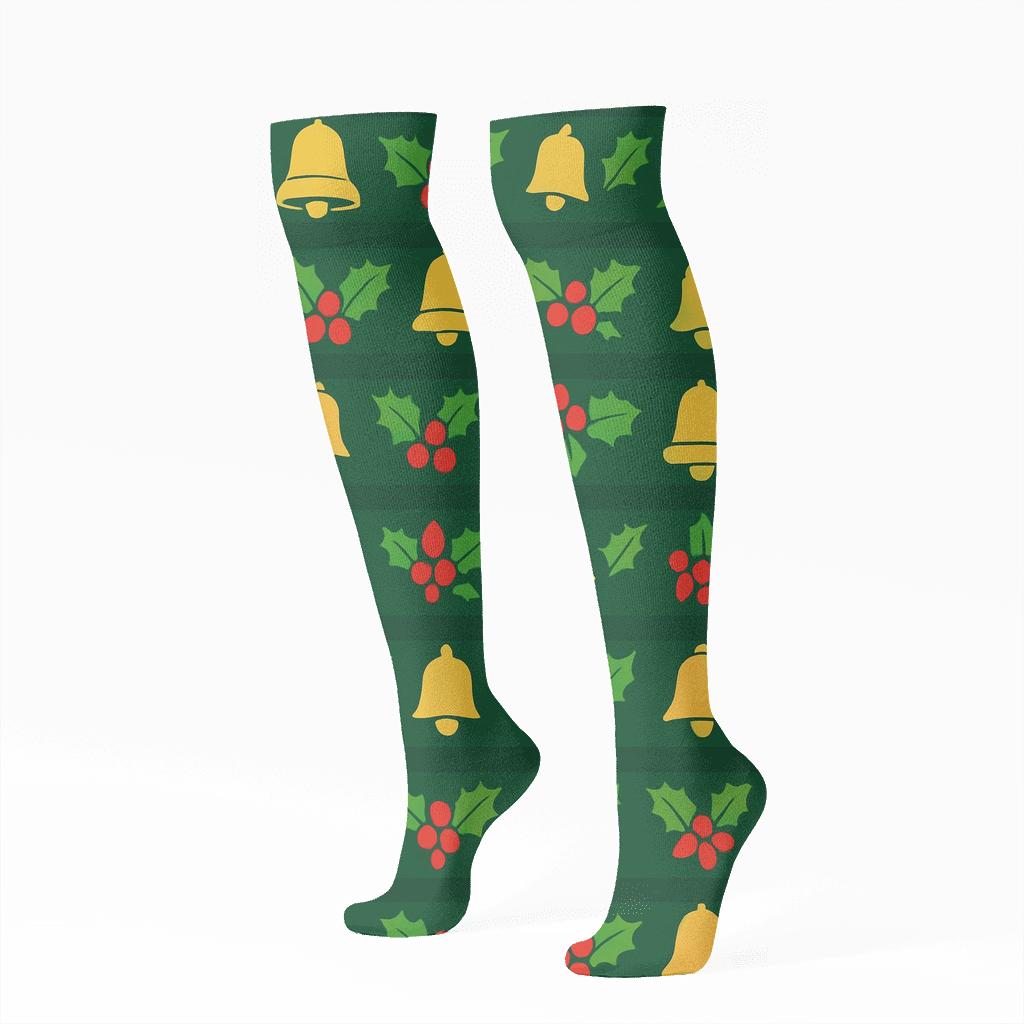 Holiday Bell Stripe Alternating Christmas designer print knee-high socks