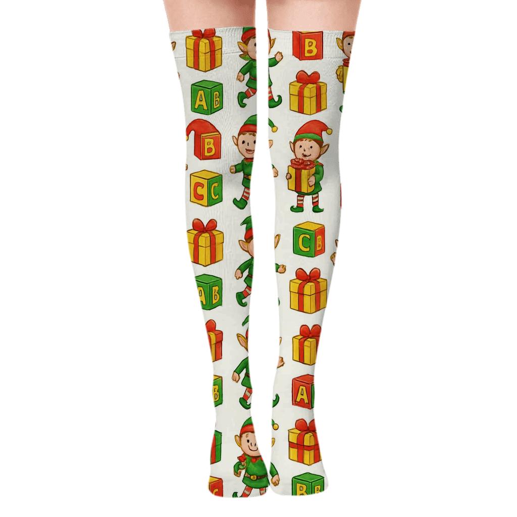 Holiday Elf Toy Box Grid trendy patterned over-the-knee socks