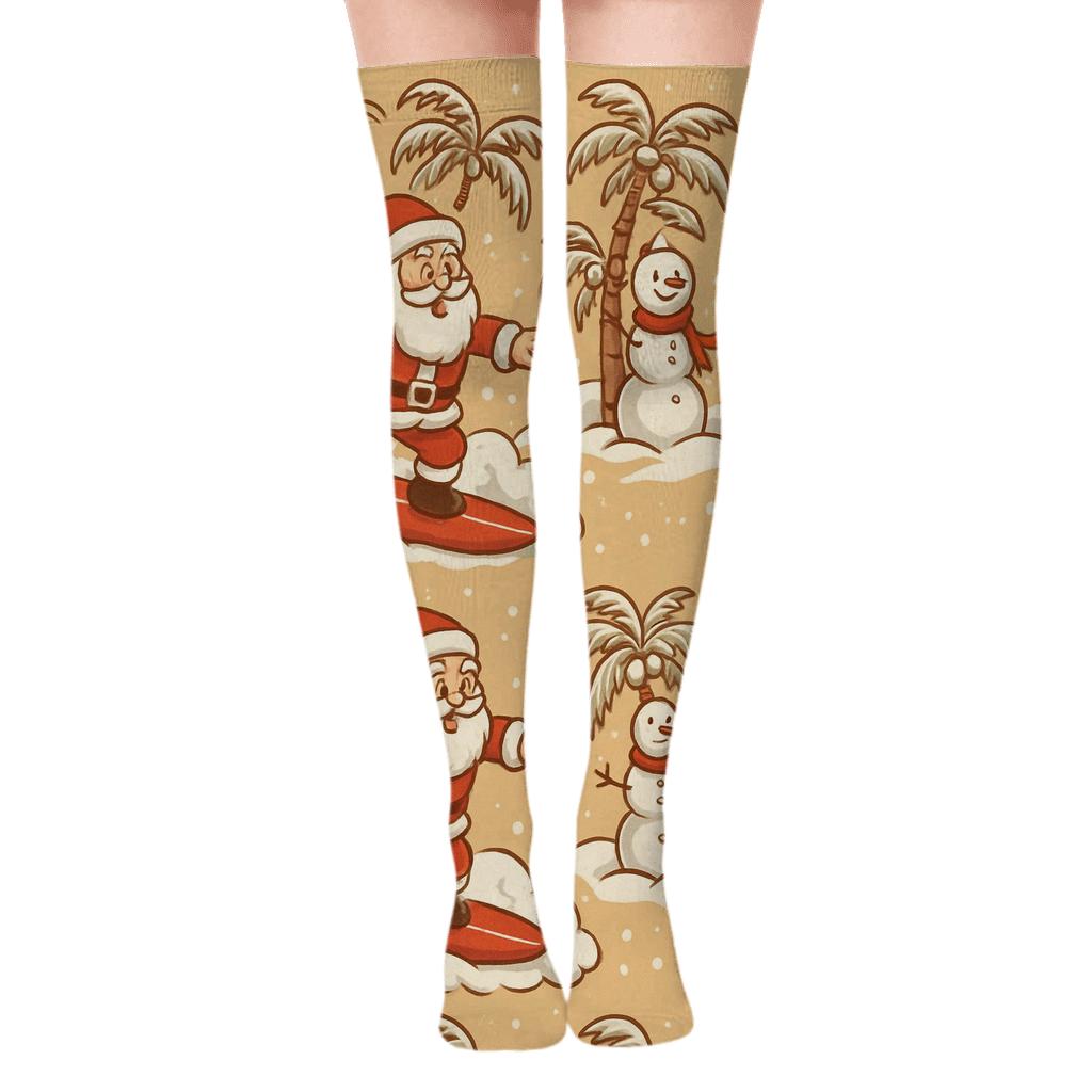 Santa Surfing Wave Christmas unique graphic over-the-knee socks