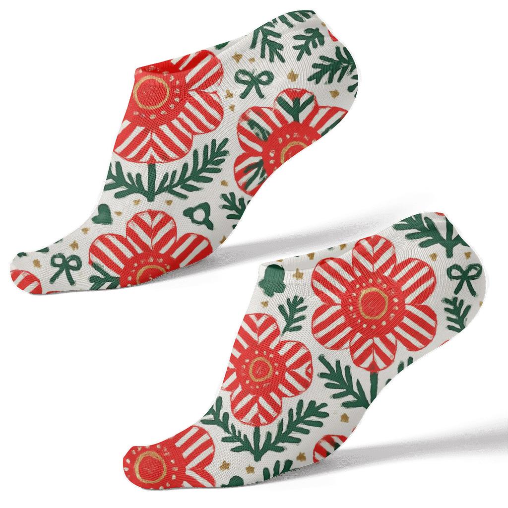 Candy Cane Stripe Floral Chevron On White custom ankle socks
