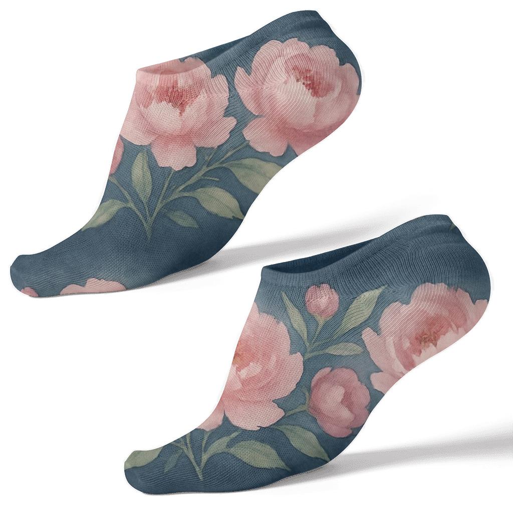 Watercolor Peony Border On Navy Field comfortable cotton ankle socks