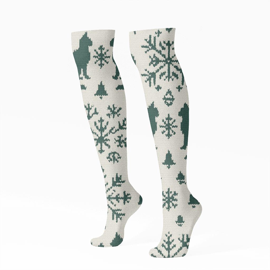 Nordic Snowflake Cat Lattice designer print knee-high socks