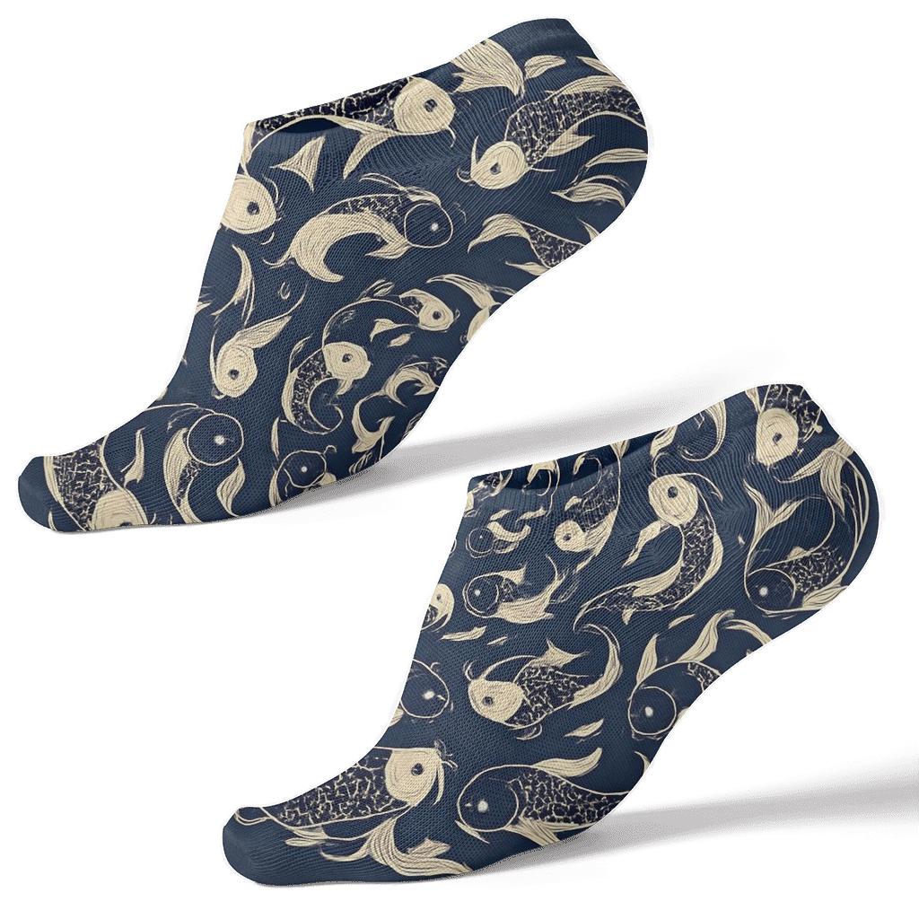 Dual Koi Circle Progression On Deep Indigo stylish athletic ankle socks