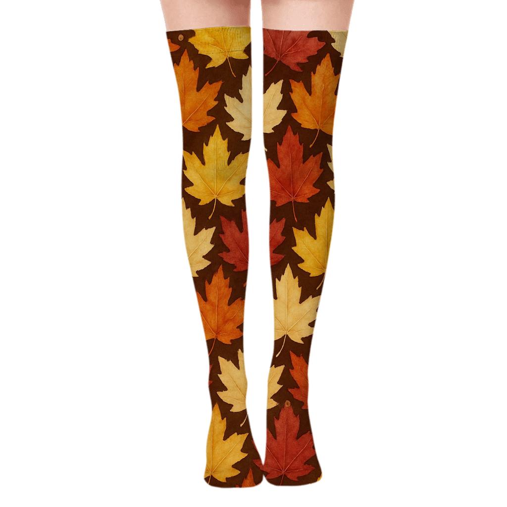 Golden Maple Tessellation On Deep Brown premium cozy over-the-knee socks