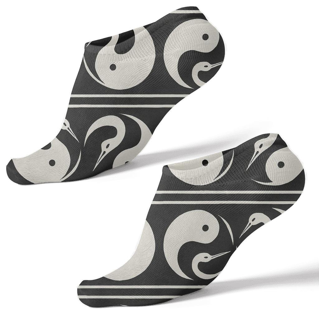 Mirrored Crane Border Array On Black comfortable cotton ankle socks