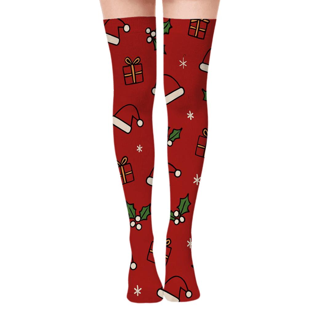 Santa Hat Scatter On Festive Red soft everyday over-the-knee socks