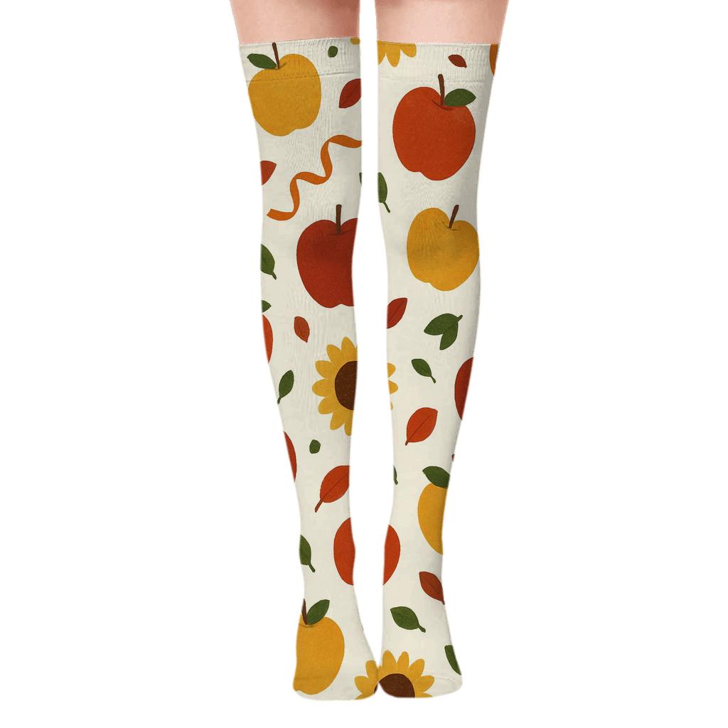 Sunflower And Apple Scatter On Ivory custom over-the-knee socks