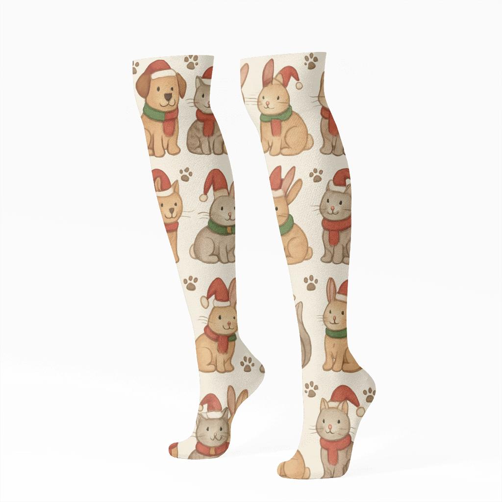 Festive Pet Parade Holiday Scene comfortable cotton knee-high socks