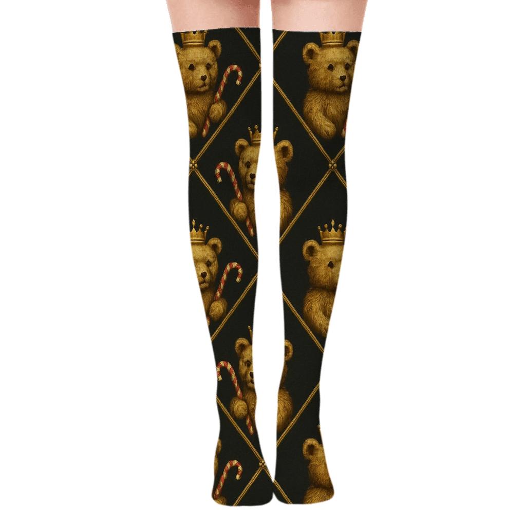 Golden Bear Ornament Lattice stylish fashion over-the-knee socks