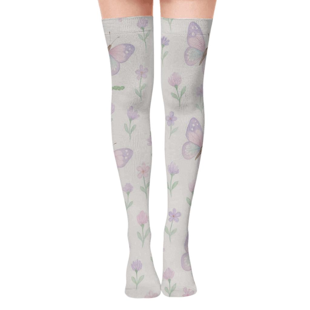 Pastel Painted Ladies Meadow Scatter On Light Gray stylish fashion over-the-knee socks