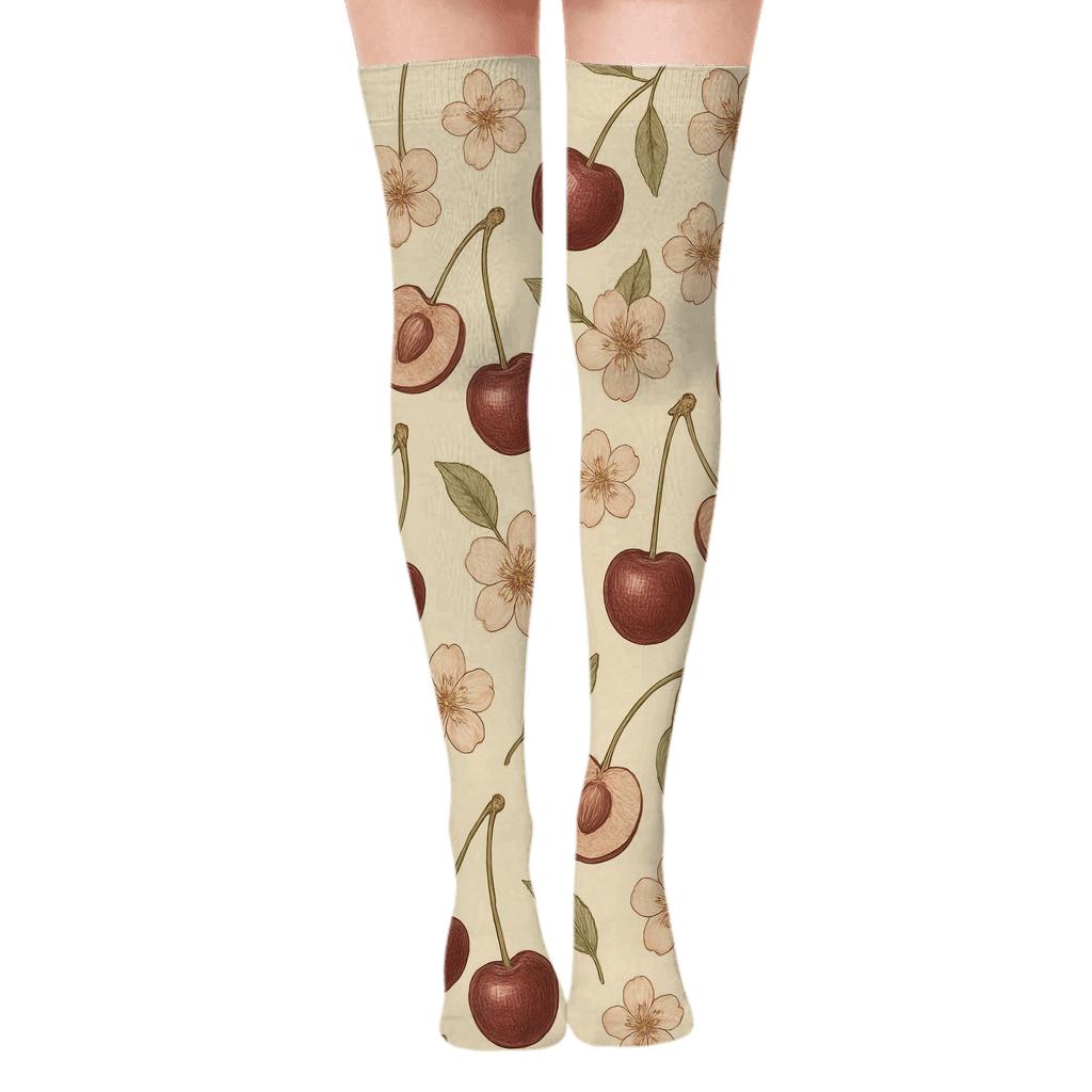 Vintage Cherry Botanical Scatter On Cream unique graphic over-the-knee socks
