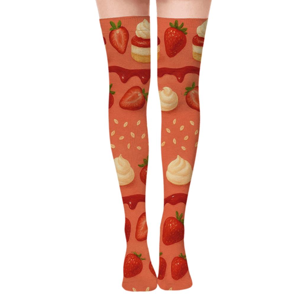 Strawberry Shortcake Collage Stripe On Coral unique graphic over-the-knee socks