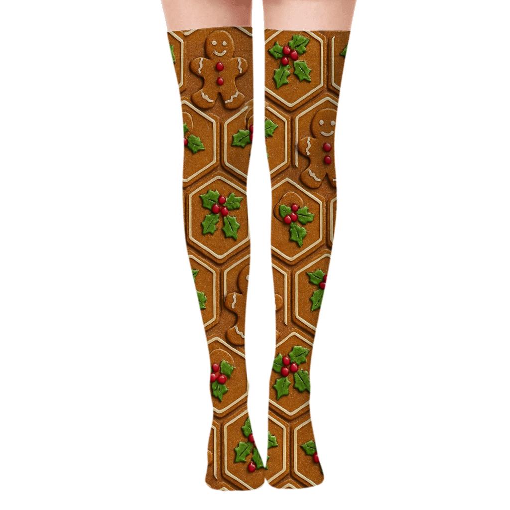Gingerbread Tile Pattern Christmas Edition soft everyday over-the-knee socks